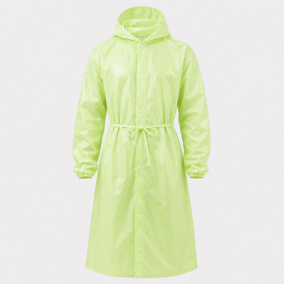 Rear view of green coverall with hood and elastic waist