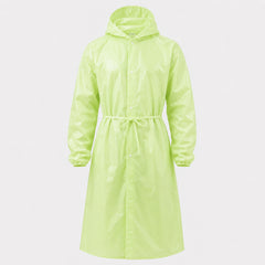Rear view of green coverall with hood and elastic waist