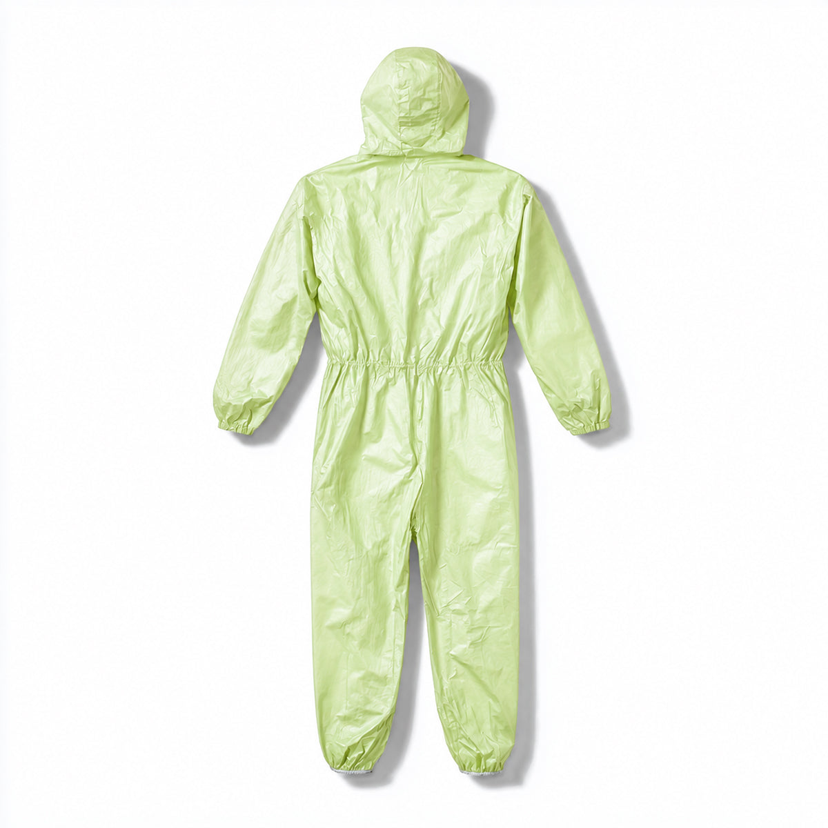 Rear construction view of green hooded disposable coverall