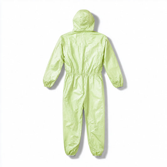 Rear construction view of green hooded disposable coverall