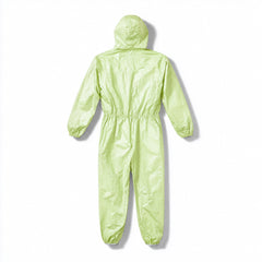 Rear construction view of green hooded disposable coverall