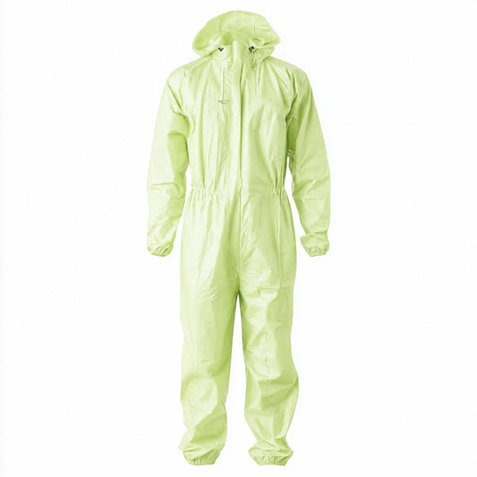 Green hooded protective coverall hanging on white