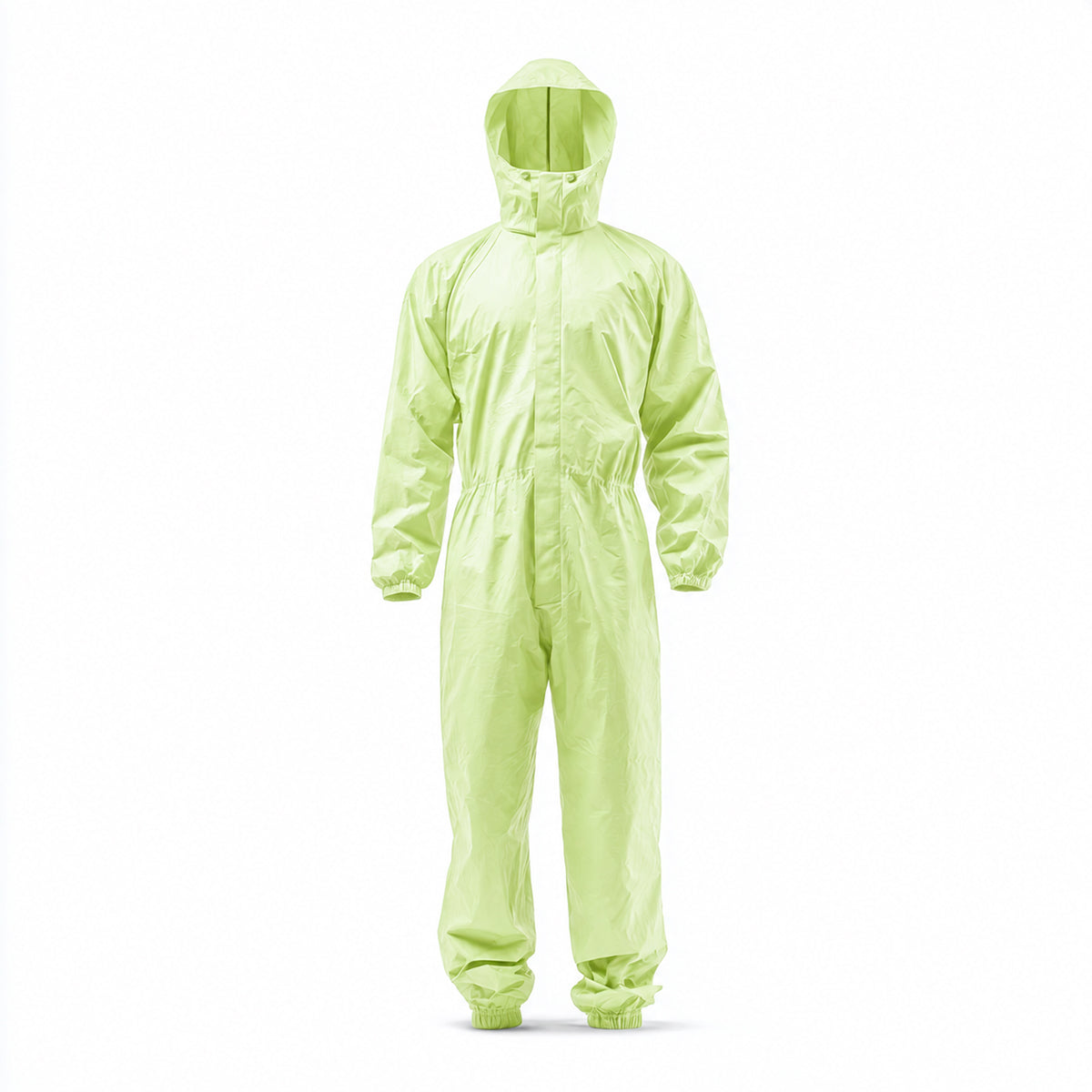 Green disposable coverall front view with hood and zipper