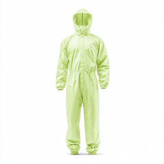 Green disposable coverall front view with hood and zipper
