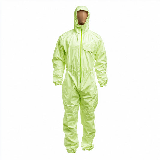 Person wearing green hooded coverall full front view