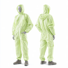 Front and back fit views of green protective coverall