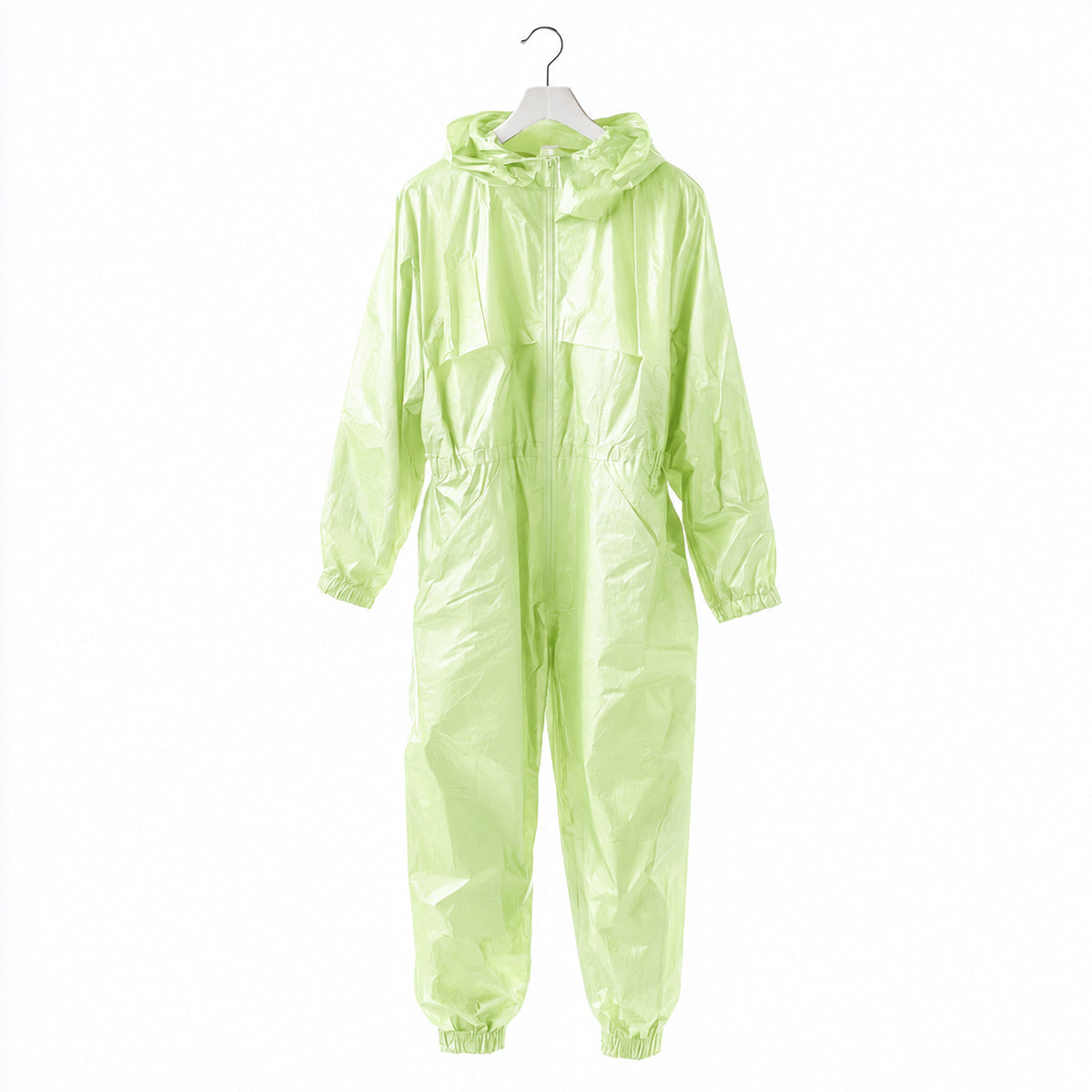 Green disposable coverall displayed on hanger