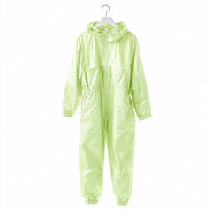 Green disposable coverall displayed on hanger