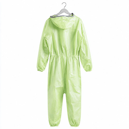 Back view of green hooded coverall displayed on hanger