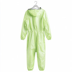 Back view of green hooded coverall displayed on hanger
