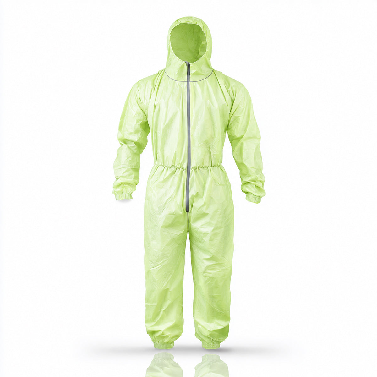 Green microporous coverall front display on white