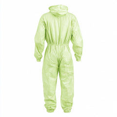 Green protective coverall full front view without raised hood