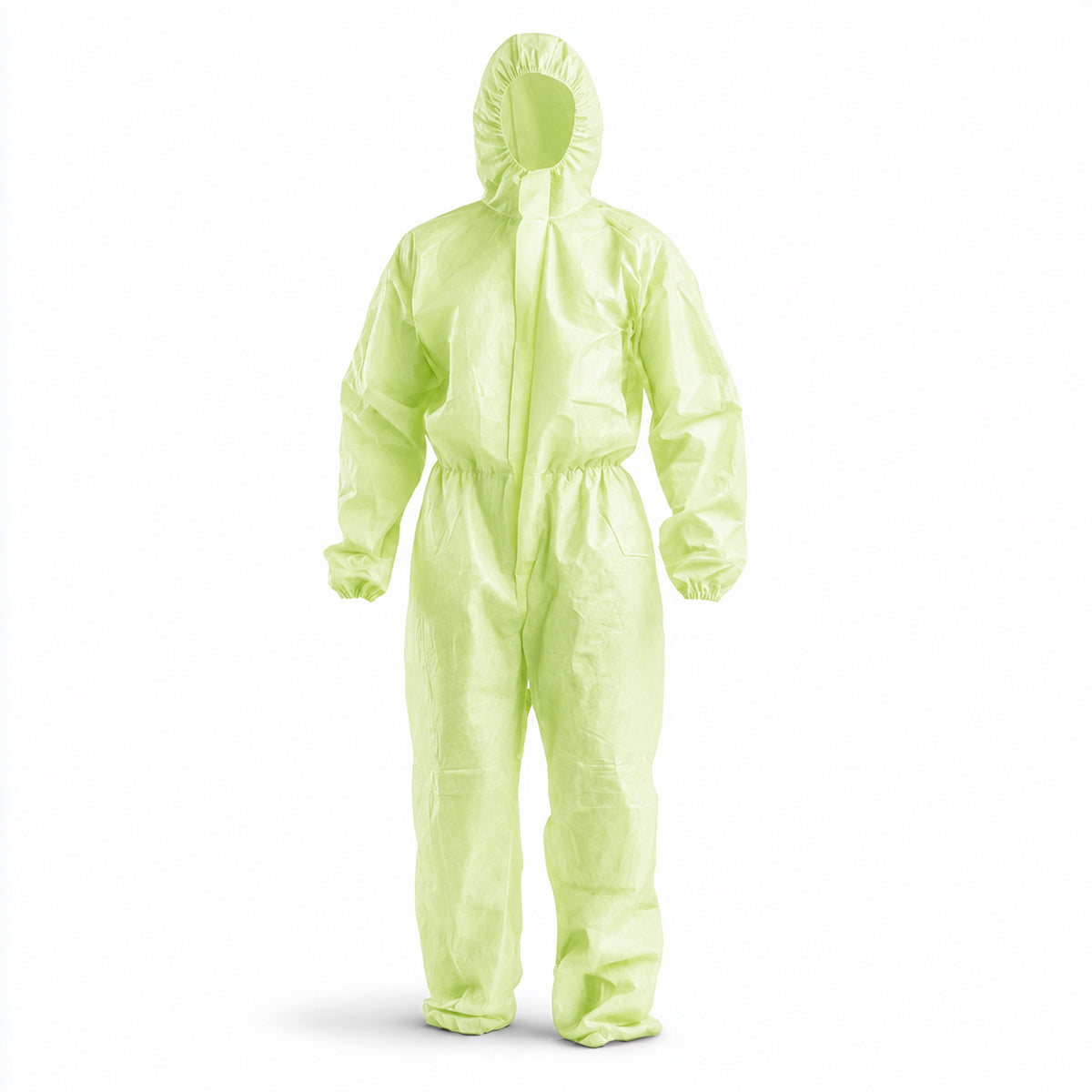 Rear fit view of green protective coverall on wearer