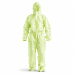 Rear fit view of green protective coverall on wearer