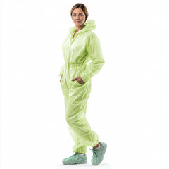Side fit view of green PLA/PBAT hooded coverall