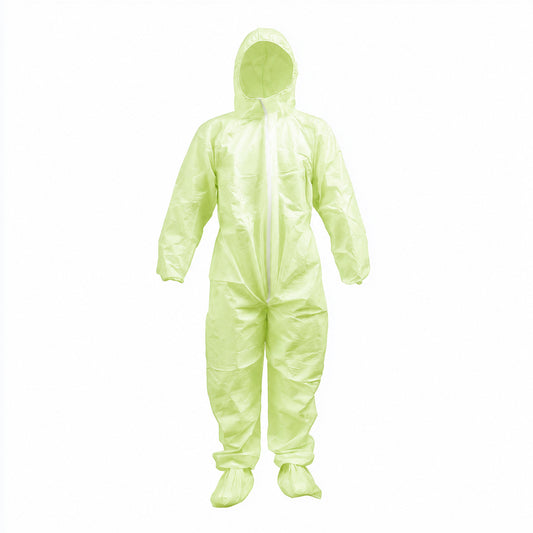 Green hooded disposable coverall full-body fit view