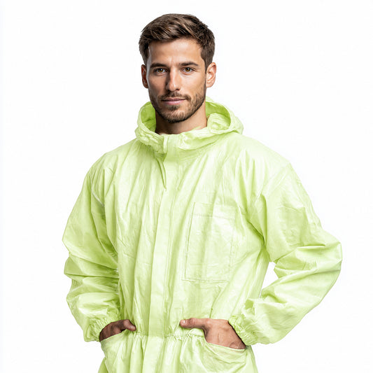 Upper-body fit detail of green hooded coverall