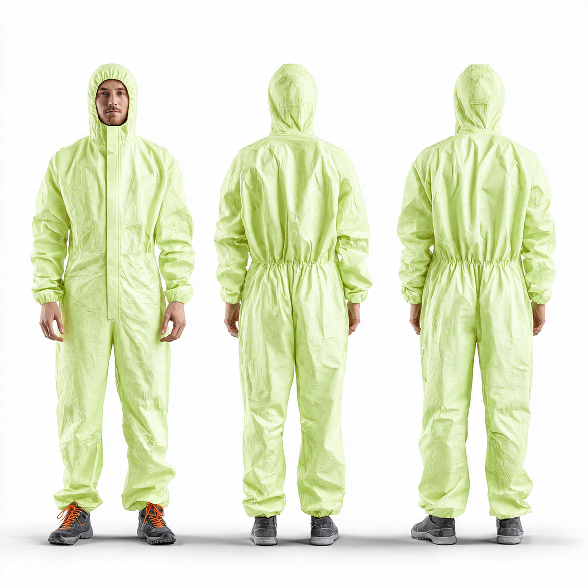 Front side and back views of green disposable coverall