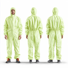 Front side and back views of green disposable coverall
