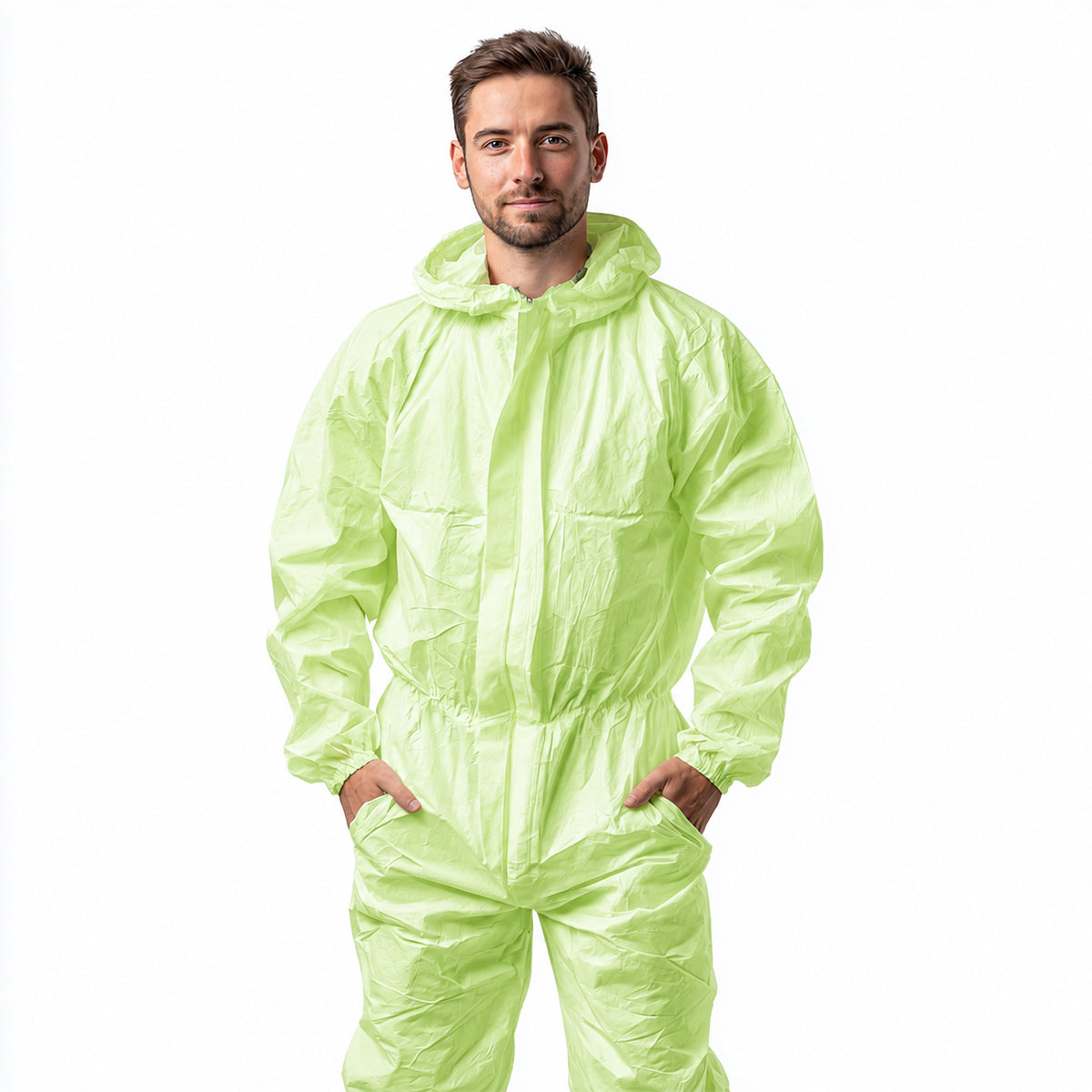 Person wearing green hooded coverall upper-body view