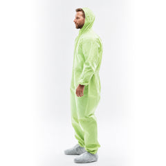 Side profile of wearer in green protective coverall