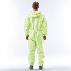Back fit view of green hooded disposable coverall