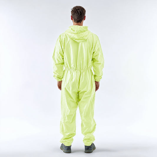 Rear fit view of green disposable coverall on white