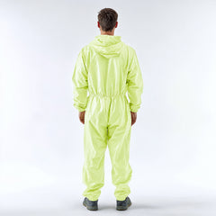 Rear fit view of green disposable coverall on white