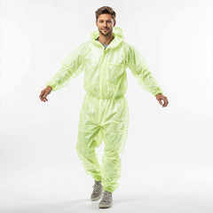 Person walking in green hooded protective coverall
