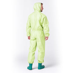 Side fit view of green disposable coverall on wearer