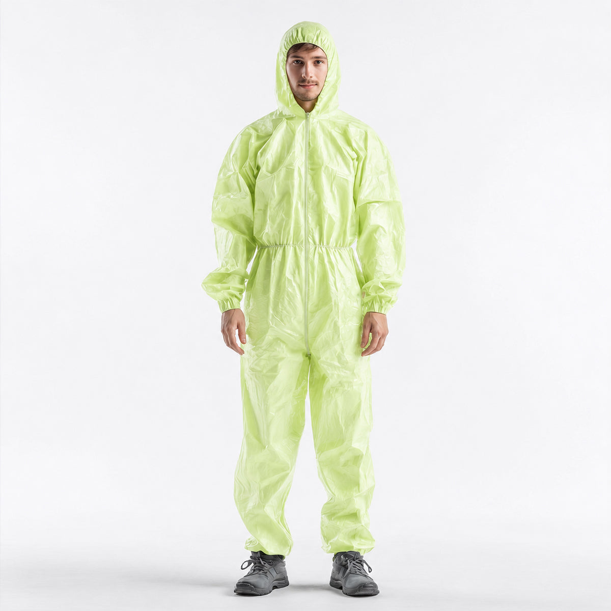 Full front fit view of green hooded protective coverall