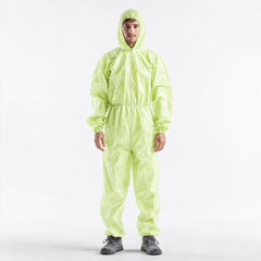 Full front fit view of green hooded protective coverall