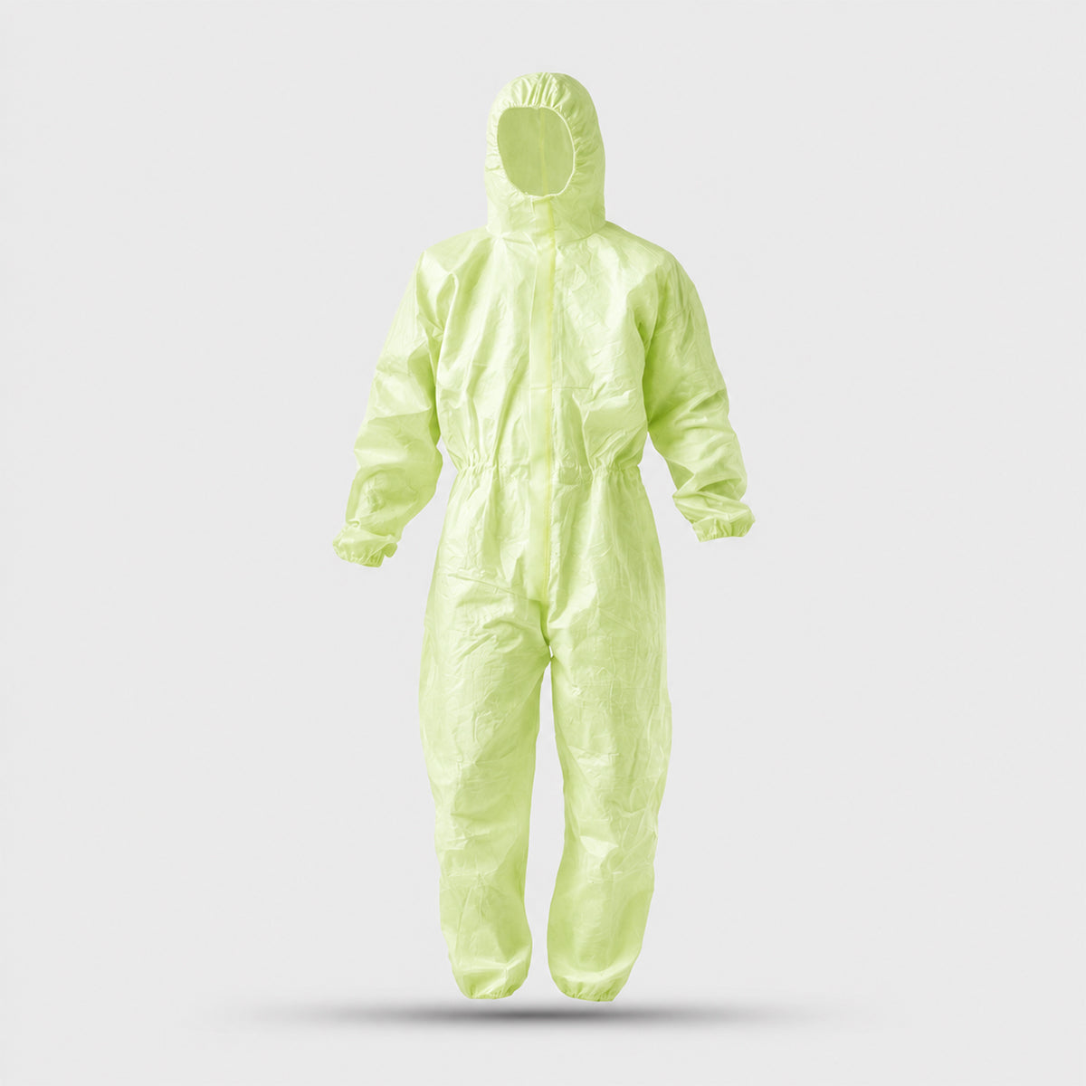 Green hooded disposable coverall product display on white