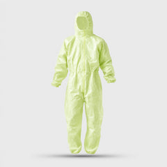 Green hooded disposable coverall product display on white