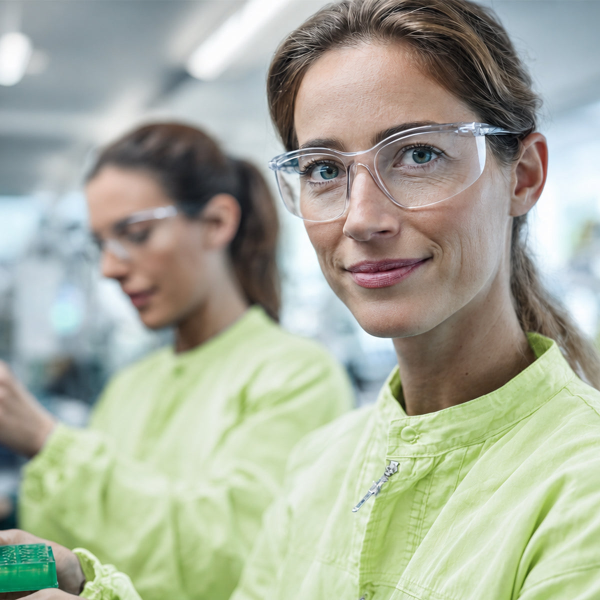 Close-up of worker wearing green coverall in manufacturing area