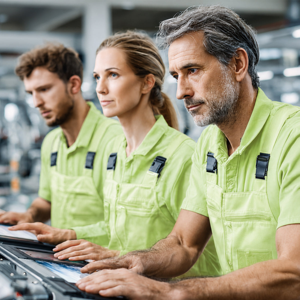 Team wearing green disposable coveralls in controlled production