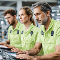 Team wearing green disposable coveralls in controlled production