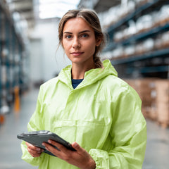 Worker wearing green hooded coverall in warehouse setting