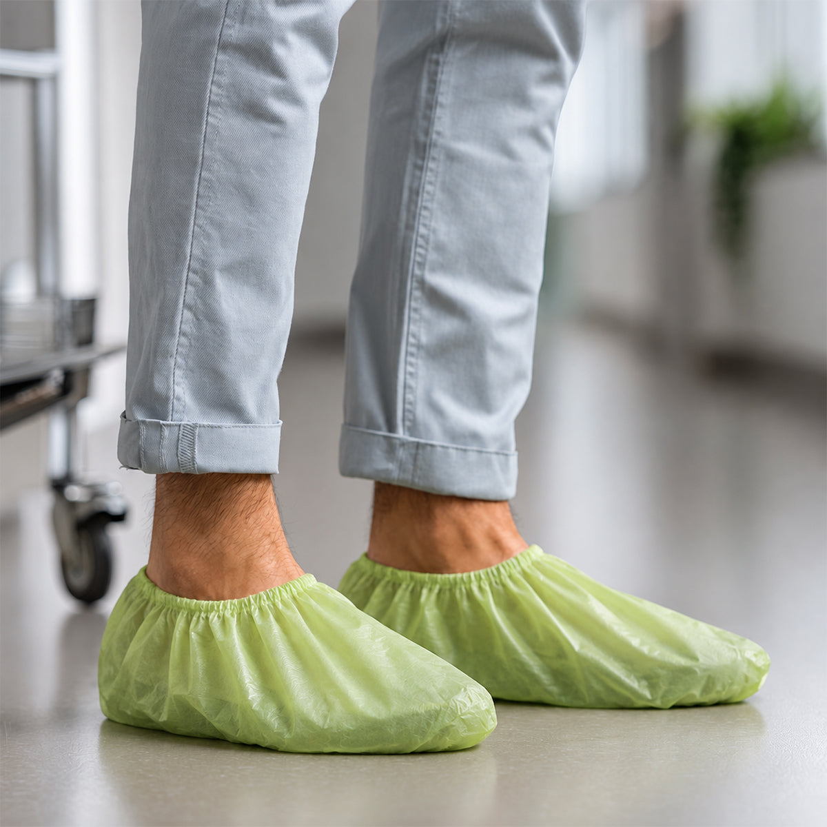 Green PLA/PBAT shoe covers in a controlled indoor workspace