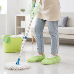 Disposable shoe covers used during routine facility cleaning