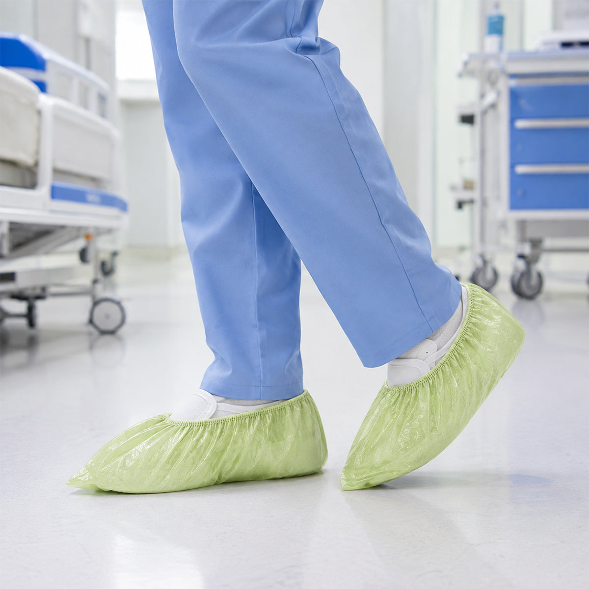 Green shoe covers in a routine healthcare facility support setting