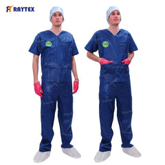 Raytex Unisex Scrub Sets SMS Non Woven Material Surgical Doctor Nurse Short Sleeve V-Neck Tops Pants Hospital Use OEM Service